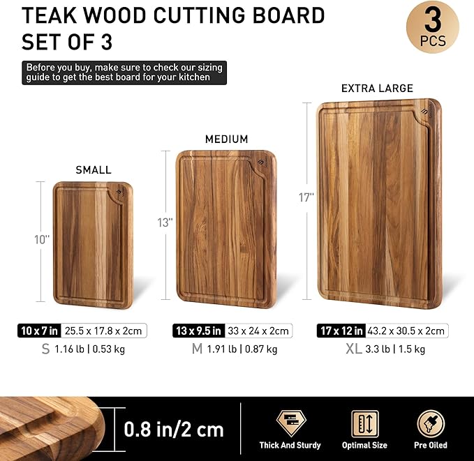 Teak Wood Cutting Board Set for Kitchen High-End Non Toxic Non Slip Over Sink Solid Thick Wood Haus Chopping Board Extra Large Big Small Best Kitchen Essential House Warming Hostess Host Gift