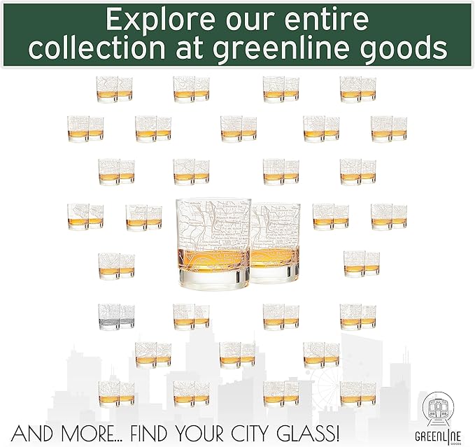 Greenline Goods Whiskey Glasses - 10 Oz Tumbler Set for Cincinnati lovers, Etched with Cincinnati City Map Old Fashioned Rocks Glass - Set of 2