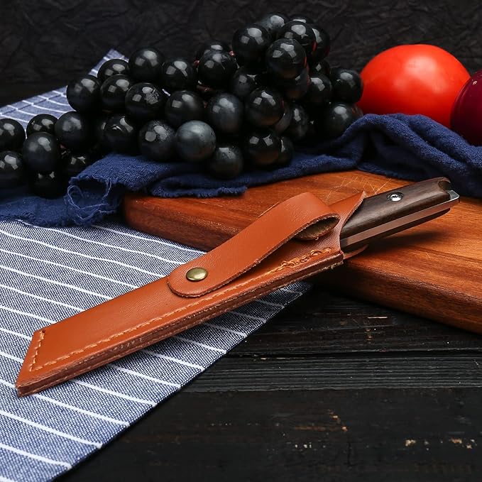 WILDMOK Paring knives Stainless Steel 3.2 Inch Utility Knife Full Tang Fruit Vegetable Cutting Carving Kitchen Knife with Leather Case (A)