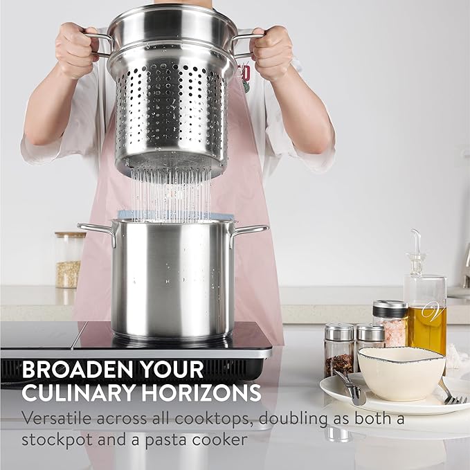 Navaris Stainless Steel Pasta Pot, 5.7 L (6.1 Qt) - Versatile Pot for Pasta, Vegetables and More - Suitable for Induction, Gas, Electric & Oven - Dishwasher Safe