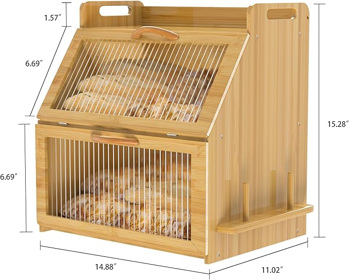 Bread Box for Kitchen Countertop, Large Bread Storage Container for Homemade Bread, Wooden Farmhouse Breadbox Organizers, Double Layer Bread Bin with Acrylic Window Bread Holder, Brown