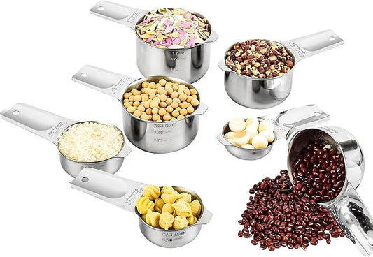 Measuring Cups Set 7, 18/8 Stainless Steel Measuring Cups Set for Kitchen & Baking, Metal Metric & US Measure Cup With 2/3 Cup & 3/4 Measuring Cup for Dry & Liquid Ingredients