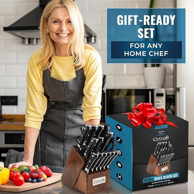Cutluxe 15-Piece Knife Set – Premium Walnut Wood Block – Knife Set for Kitchen, Ultra Sharp High Carbon German Stainless Steel, Full Tang – Artisan Series