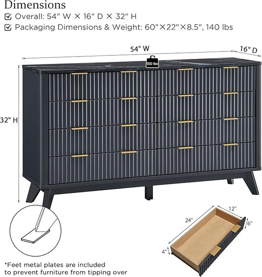 T4TREAM Fluted 8 Drawers Dresser, 54" Wide Modern Chest of Drawers with Faux Marble Top, Curved Profile Design, Dresser TV Stand, Wood Drawer Organizer for Bedroom, Living Room, Hallway, Dark Grey