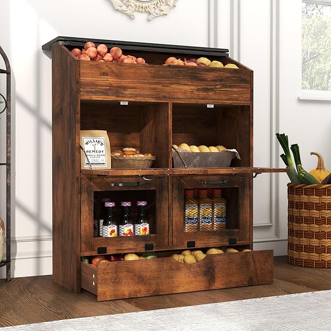Verano Garden Large Potato Storage Bin, Wooden Bread Box with Lid, Potato and Onion Storage Bin with 4 Mesh Doors & Removable Drawer, Fruit and Vegetable Storage Rack for Kitchen (Rustic Brown, 31.5")