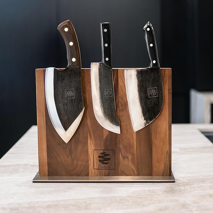 Coolina Walnut Magnetic Knife Holder, Elegant Design Knives Block Stand, Multifunctional, Double Side Magnets with Steel Base