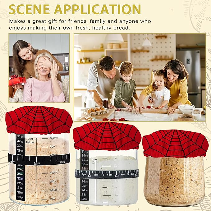 Sourdough Starter Jar Covers,5-Pack Reusable Spider Web Red Cloth Lids for 3-4 Inch Jars,Ideal for Kombucha Kefir or Cheese Fermentation