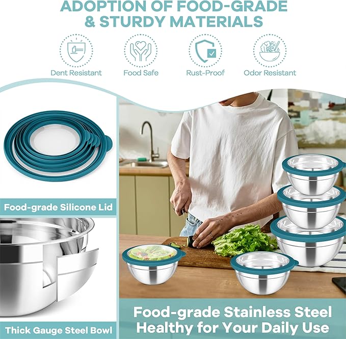 TeamFar Mixing Bowls Set, 4.5/3/1.5/1/0.7 QT Stainless Steel Nesting Salad Bowls with Visible Lids, For Serving Mixing, Non-Toxic & Heavy Duty, Airtight & Easy Clean, Dark Blue, Set of 5
