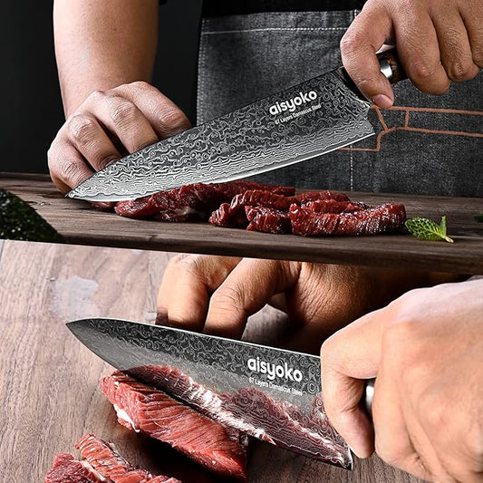 Damascus chef knife 8-inch sharp kitchen knife Japan VG-10 stainless steel ergonomic color wooden handle luxury gift box - with scabbard