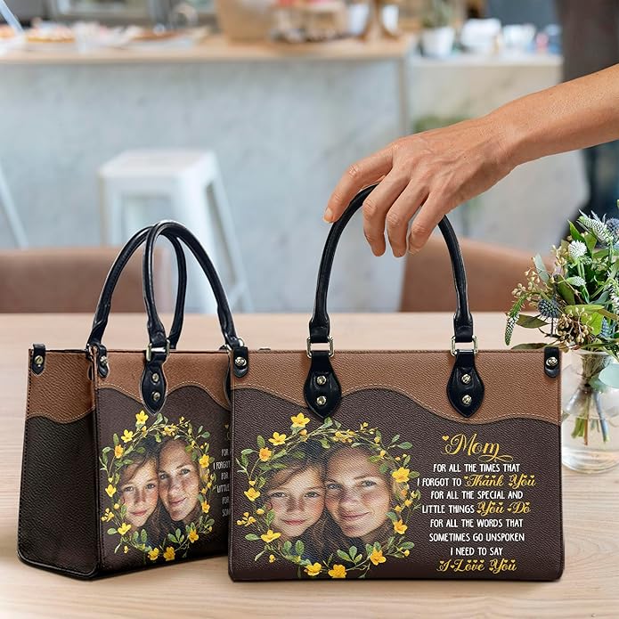 THUYPT Personalized Birth Flower Leather Bag for Mom, Women Faux Leather Handbags with Ziplock, Mother's Day Gifts