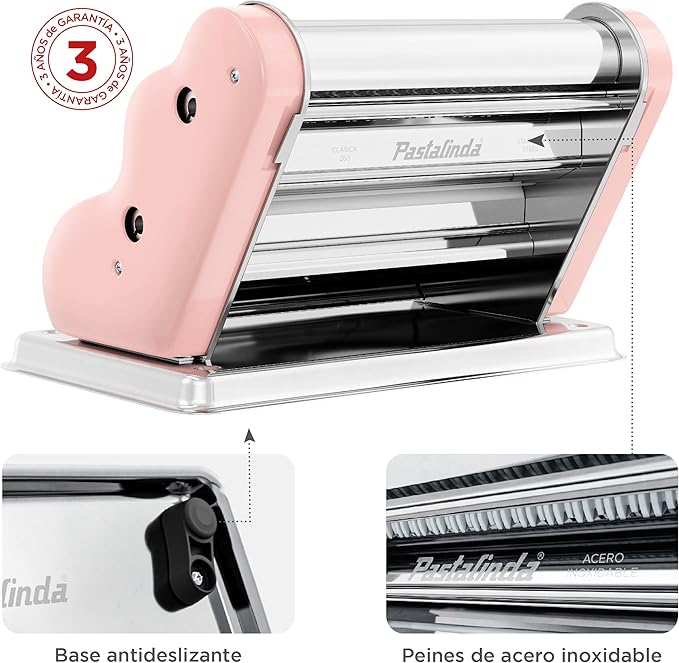 PASTALINDA Classic 260 Pasta Maker Machine, 26 cm Wide Rollers, 9 Thickness Positions, 2 Cutting Positions, Stainless Steel. Includes Reinforced Hand Crank And Two Clamps (Pink)
