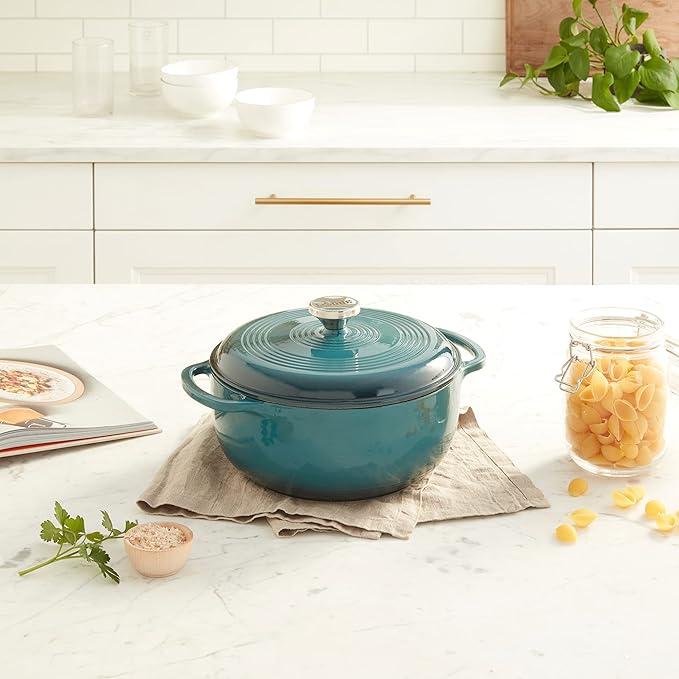 Lodge 4.5 Quart Enameled Cast Iron Dutch Oven with Lid – Dual Handles – Oven Safe up to 500° F or on Stovetop - Use to Marinate, Cook, Bake, Refrigerate and Serve – Lagoon