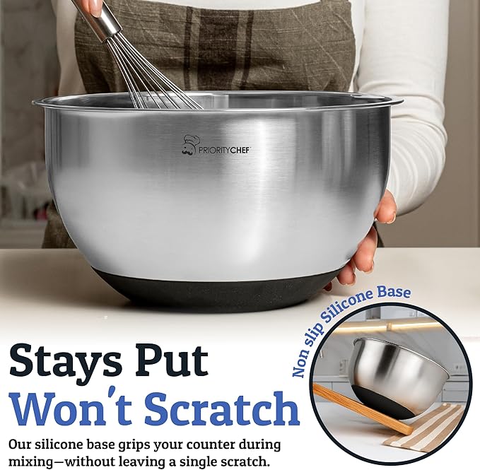 Priority Chef Stainless Steel Mixing Bowls with Lids Set, Metal Nesting Bowls with Airtight Lids, Graters, Non-Slip Base & Measurement Marks, Includes Utensil Set for Prep, Baking & Storage, Black