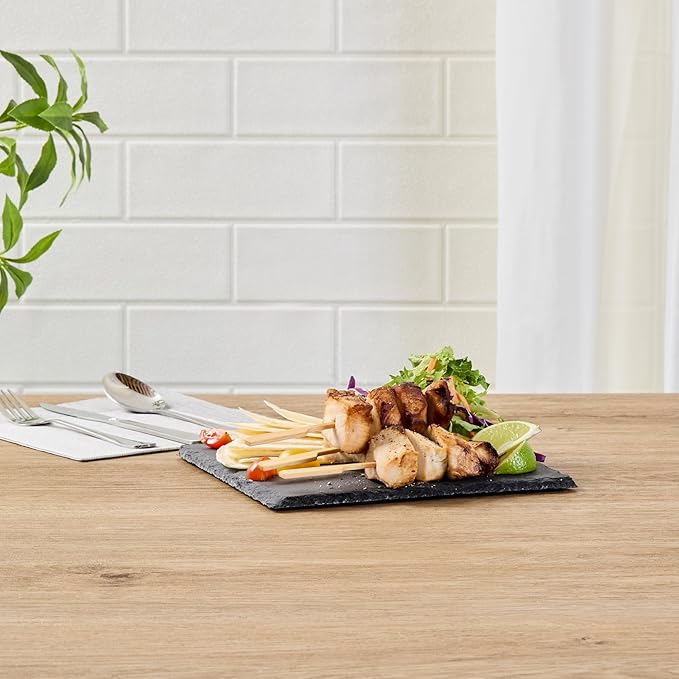 Restaurantware Slate Serving Tray 1 Pack of 8 x 8" Foam Feet Charcuterie Stone Plate Rustic Edges Freezable Black Square Serving Display Cheese Board for Kitchen, Gourmet, Dining, Parties