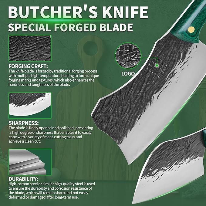 FULLHI Butcher Knife Set with Kitchen Shears, Hand Forged Chef Boning Knife With Scissors High Carbon Steel For Kitchen, Camping, BBQ