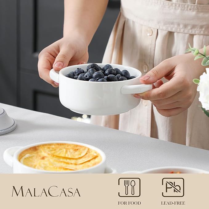 MALACASA Mini Cocotte Set - 14 OZ Small Casserole Dishes with Lids and Handles, Ceramic Mini Dutch Oven Set of 4, Small Baking Ramekins for Lasagna, Soufflé, Oven, Microwave & Dishwasher Safe, Series BAKE.BAKE