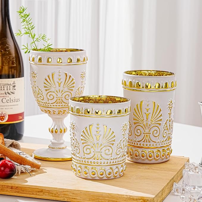 Sungmor Vintage White and Gold Tumblers - Set of 2 Embossed Glasses, 10.8 oz Decorative Drinking Cups for Water, Juice or Cocktails - Elegant Baroque Glassware for Party or Special Occasions