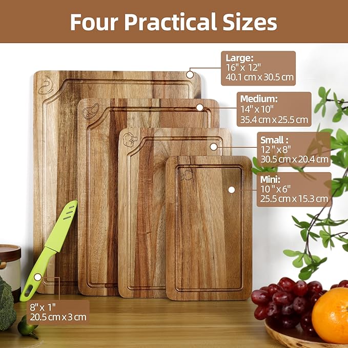 Wood Cutting Board Set of 4, Wooden Chopping Boards with Food Icons for Kitchen, Charcuterie Board for Meat, Vegetables, Fruits, Cheese