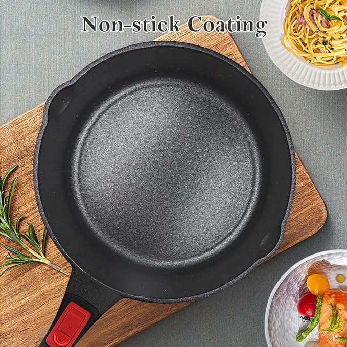 11 Inch Nonstick Deep Frying Pan with Lid, 4-Pc Set - (4.5 Qt Saute Pan with Lid, Steamer/Strainer Basket, Silicone Spatula), Skillet with Detachable Handle, Oven Safe, Non-Toxic