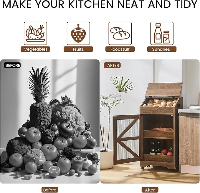 Potato and Onion Storage Bin, Wood Bread Box with Lid, Movable Fruit and Vegetable Organizer for Pantry, Kitchen