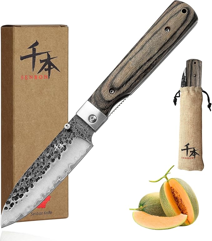 SENBON 440A Forged Stainless Steel Sharp Folding Chef Knife Peeling Utility Fruit Knife Colorful Wood Handle Camping Barbecue Outdoor Portable Fruit Knife