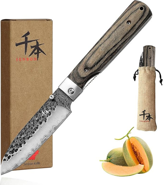 SENBON 440A Forged Stainless Steel Sharp Folding Chef Knife Peeling Utility Fruit Knife Colorful Wood Handle Camping Barbecue Outdoor Portable Fruit Knife