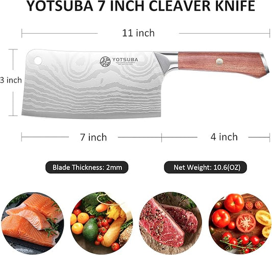 YOTSUBA Cleaver Knife 7 inch Ultra Sharp High Carbon Steel Vegetable Meat Cleaver with Ergonomic Rosewood Handle, Professional Butcher Knives for Home Kitchen and Restaurant with Gift Box