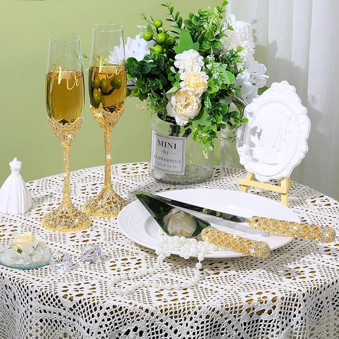 4-Piece Wedding Cake Knife and Champagne Flutes Set, Crystal Rhinestone Glasses and Cake Cutting Server for Bride and Groom Wedding Reception or Anniversary (Gold, Elegant Design) (Gold)