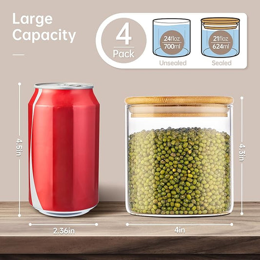 21oz - 4 Pack Glass Jars with Bamboo Lids, Glass Food Storage Containers with Airtight Lids, Air Tight Pantry Storage Containers for Coffee, Sugar, Spice, Meal Prep Jars for Salad & Fruit