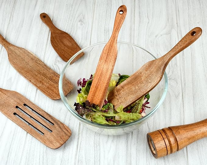 Wooden Spurtle Kit 5 Pieces Teak Wood Spoons Kitchen Tools for Nonstick Cookware, Salad Strainer and Making Cake