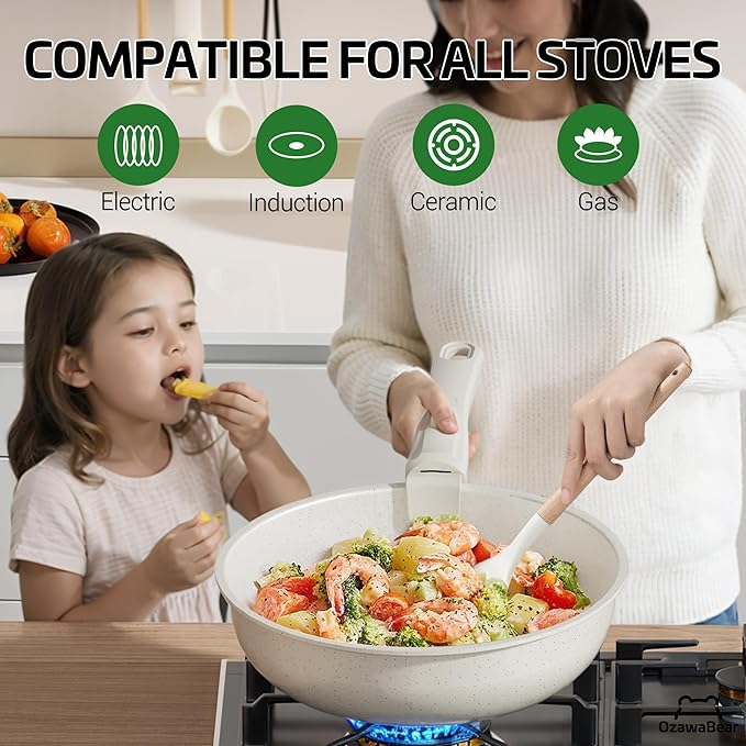 26 Pcs Pots and Pans Set Non Stick, Ceramic Cookware Set Non Toxic with Detachable Handles, Healthy Induction Cookware Oven Safe RV Kitchen Set, PFAS PFOA & PTFE Free, Cream White