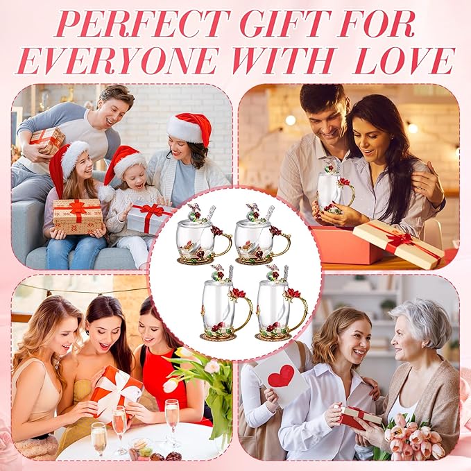 Nuanchu 4 Sets Flower Glass Tea Cups with Lids and Spoon Butterfly Vintage Glass Coffee Mugs Floral Fancy Clear Teacup for Christmas Women Mom Wife Girlfriend(Red,11 Oz,12 oz)