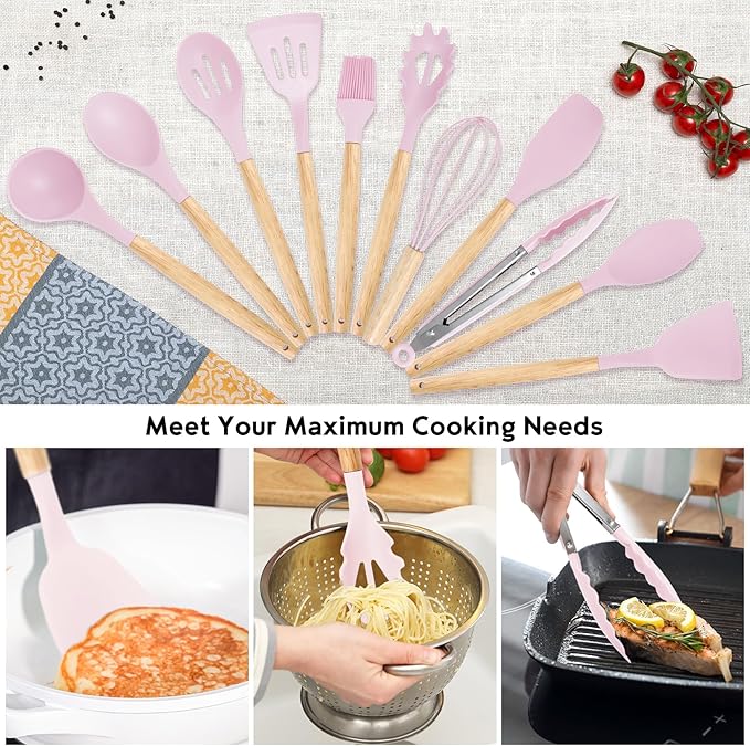 19 PCS Kitchen Cooking Utensils Set, 11 Pieces Silicone Cooking Utensils Set 6 Pieces Sharp Stainless Steel Pink Knife Set with 1 Piece Cutting Board, Ideal for Apartment