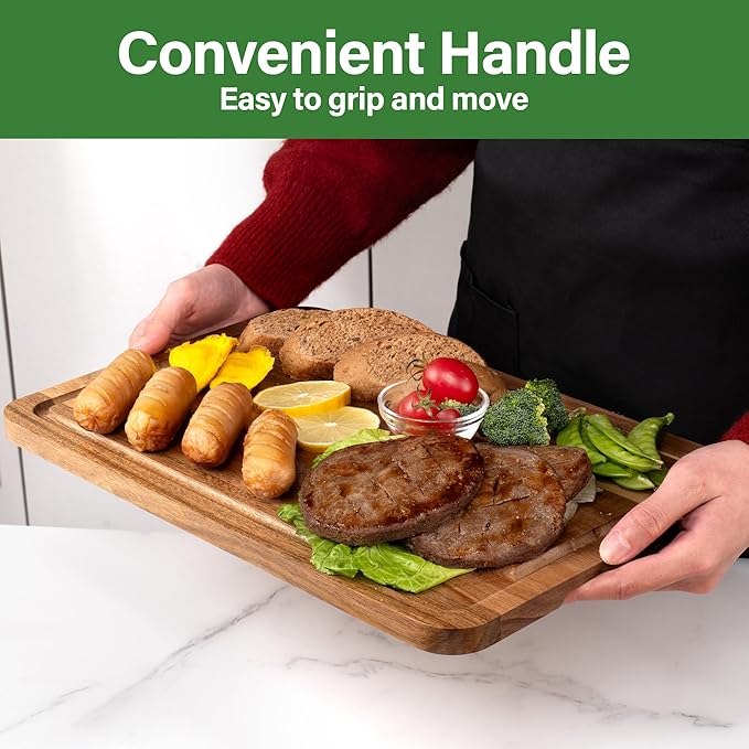 Wood Cutting Board For Kitchen, Wooden Cutting Board Set of 3 with Juice Groove, Double-Sided Chopping Board Serving Board for Meat, Vegetables and Cheese