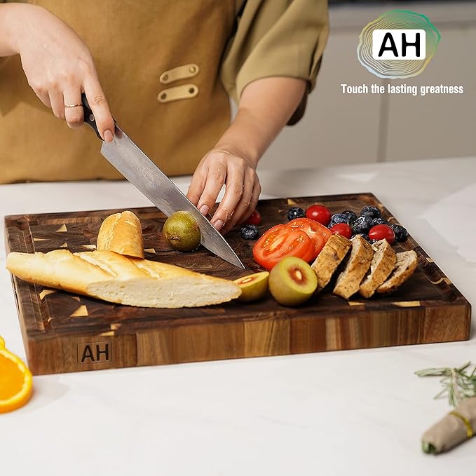 AZRHOM Large Thick End Grain Acacia Wood Butcher Block 17x13x1.5 in Wood Cutting Board for Kitchen with Non-slip Mats Juice Groove & Handles (Gift Box)