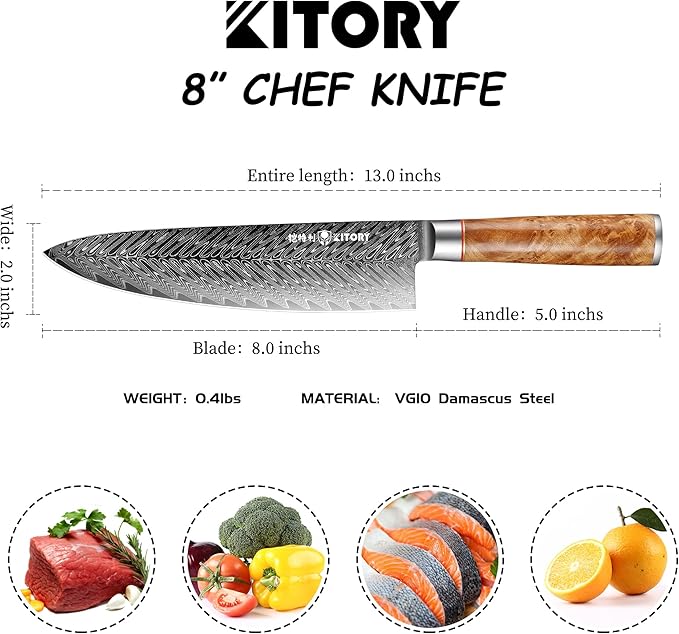 Kitory Damascus Chef Knife, 8" Ultra Sharp Kitchen knife - High Carbon 73-Layer 10Cr15CoMoV Stainless Steel - with White Shadow Wood Handle, for Kitchen and Restaurant, 2025 Gift