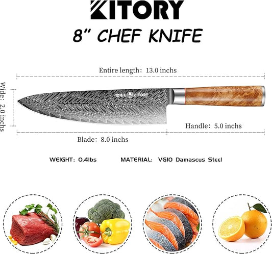 Kitory Damascus Chef Knife, 8" Ultra Sharp Kitchen knife - High Carbon 73-Layer 10Cr15CoMoV Stainless Steel - with White Shadow Wood Handle, for Kitchen and Restaurant, 2025 Gift