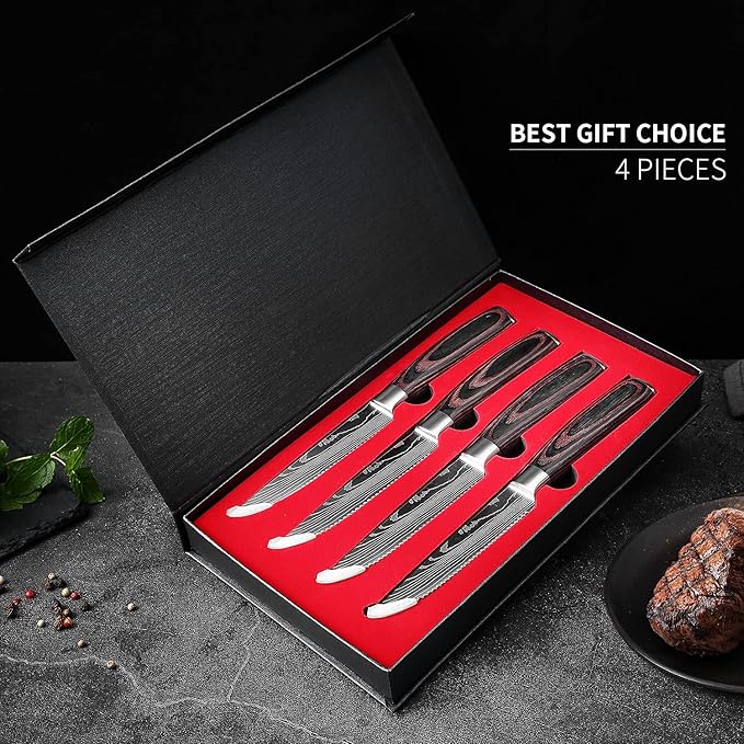 Serrated Steak Knife Set - 4pcs Premium 4.5 inch Kitchen Cutting Steak Knives, German Stainless Steel Knife Professional Table Dinner Knife with Pakkawood Handle for Home Restaurant, Gift Box