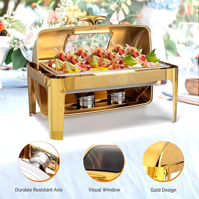 ROVSUN 9QT 2 Packs Roll Top Chafing Dish Buffet Set,Rectangular NSF Stainless Steel Buffet Warmer Chafers and Buffet Warmers Sets with Thick Frame for Catering Events Parties Weddings Dinners,Gold