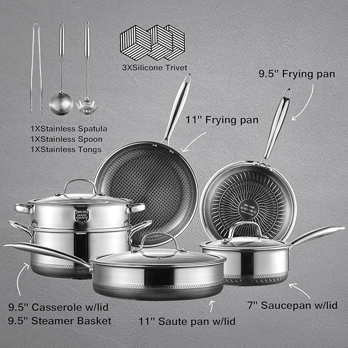 Cookware Sets, 15 Piece Tri-play Non-stick Set Hybrid Frying Pans, Sauce pan, Saute Pan,Casserole with Basket and Lids, Stay-Cool Handles, Oven, Dishwasher