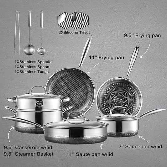 Cookware Sets, 15 Piece Tri-play Non-stick Set Hybrid Frying Pans, Sauce pan, Saute Pan,Casserole with Basket and Lids, Stay-Cool Handles, Oven, Dishwasher