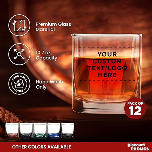 Custom Lexington Rocks Whiskey Glass 10.5 oz, Set of 12, Personalized Bulk Pack - Perfect for Scotch, Bourbon, Whiskey, Cocktail - Clear