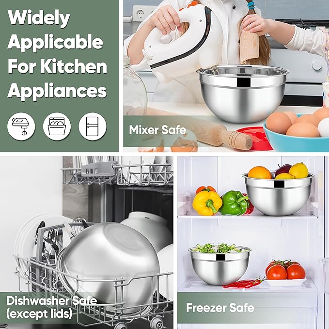 TeamFar Mixing Bowls with Lids, 5-Piece Stainless Steel Metal Nesting Salad Bowl for Mixing Prepping, Healthy & Heavy Duty, Airtight Lids & Dishwasher Safe, 4.5/3/1.5/1/0.7 QT-Khaki