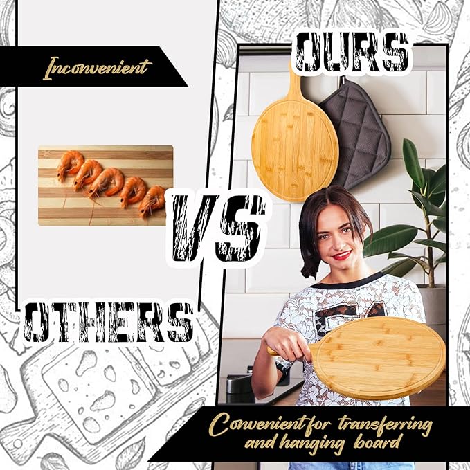 Nuenen 30 Pcs Round Wood Cutting Board with Handle Acacia Bamboo Wooden Serving Kitchen Chopping Boards for Pizza, Bread, Cheese, Charcuterie, Fruit, Vegetables (Bamboo)