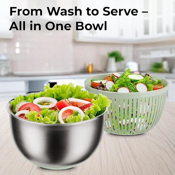Stainless Steel Salad Spinner Large - Fruit and Vegetable Wash Bowl with Strainer - Lettuce Spinner, Fruit Cleaner, Collapsible Salad Dryer 5.3 Quart Capacity