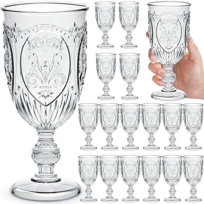 18 Pack Plastic Goblets 10oz Upgrade Vintage Water Goblet Plastic Wine Glasses Colored Retro Embossed Glassware for Party Wine Bar Juice Baby Shower Wedding Reception Grand (Clear)