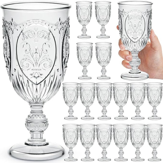 18 Pack Plastic Goblets 10oz Upgrade Vintage Water Goblet Plastic Wine Glasses Colored Retro Embossed Glassware for Party Wine Bar Juice Baby Shower Wedding Reception Grand (Clear)