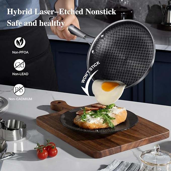 Frying Pan 8 Inch Nonstick pan with Lid, Stainless Steel Skillet with Honeycomb Surface, Induction Compatible, Oven & Dishwasher Safe, PFAS-Free Cookware