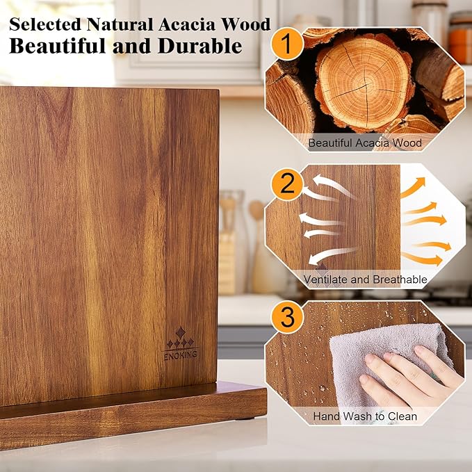 ENOKING Extra Large Magnetic Knife Block, 15.2-In Acacia Wood Knife Holder for Home Kitchen, Universal Knife Holder Stand with Strong Enhanced Magnets for Safe and Multifunctional Knife Storage