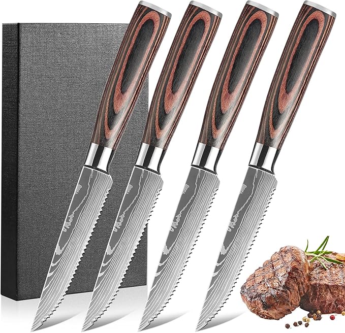 Serrated Steak Knife Set - 4pcs Premium 4.5 inch Kitchen Cutting Steak Knives, German Stainless Steel Knife Professional Table Dinner Knife with Pakkawood Handle for Home Restaurant, Gift Box